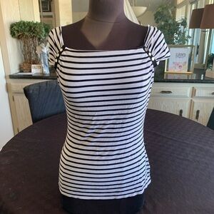 White House Black Market Black and White Striped Square-Neck top silver accents
